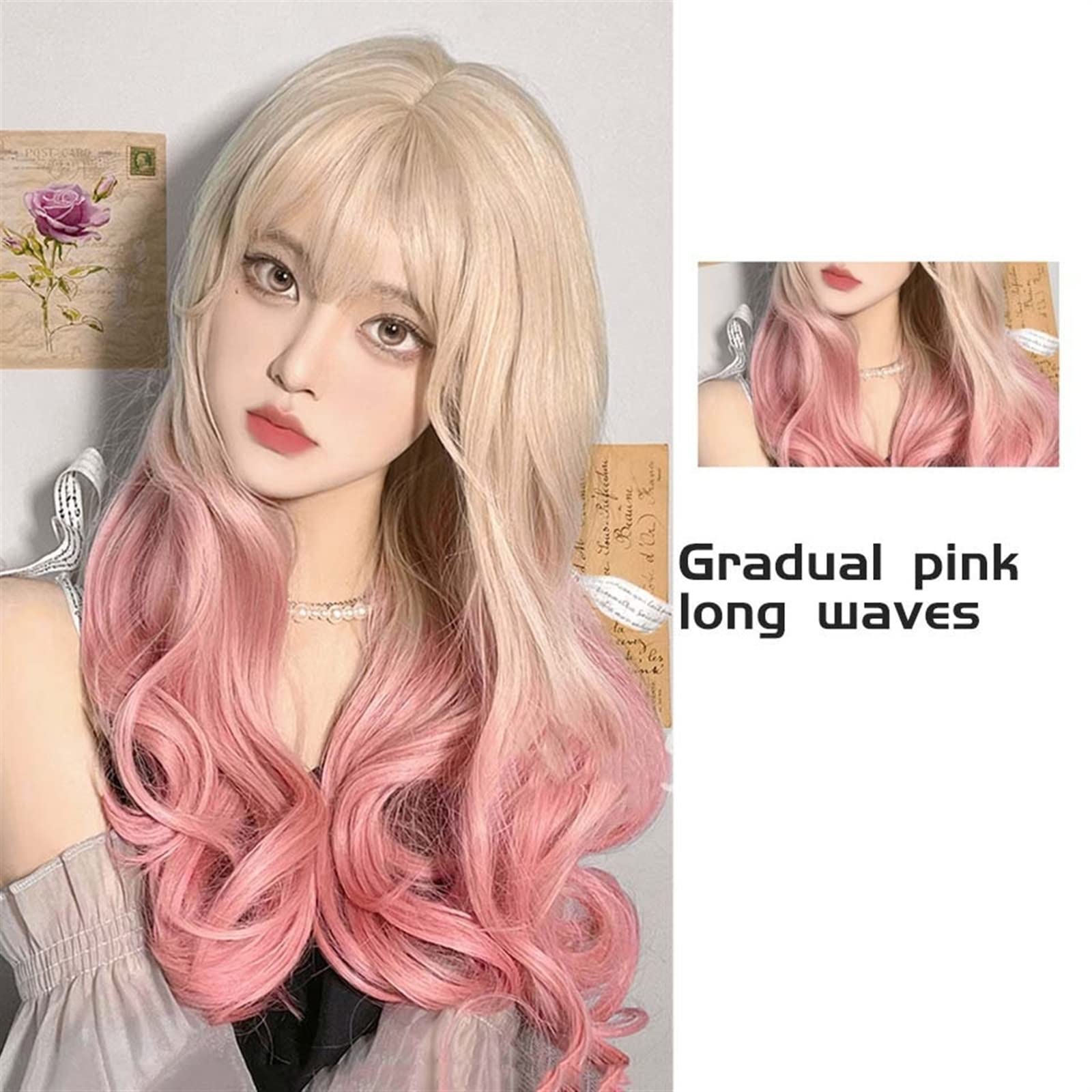 Perücken für Frauen Kostüm Partei Lange gewellte Perücke mit Pony, ombreblond bis rosa, natürlich gelockte Perücke for Frauen, hitzebeständige, synthetische, geheiligte Cosplay-Haarperücken Perücke