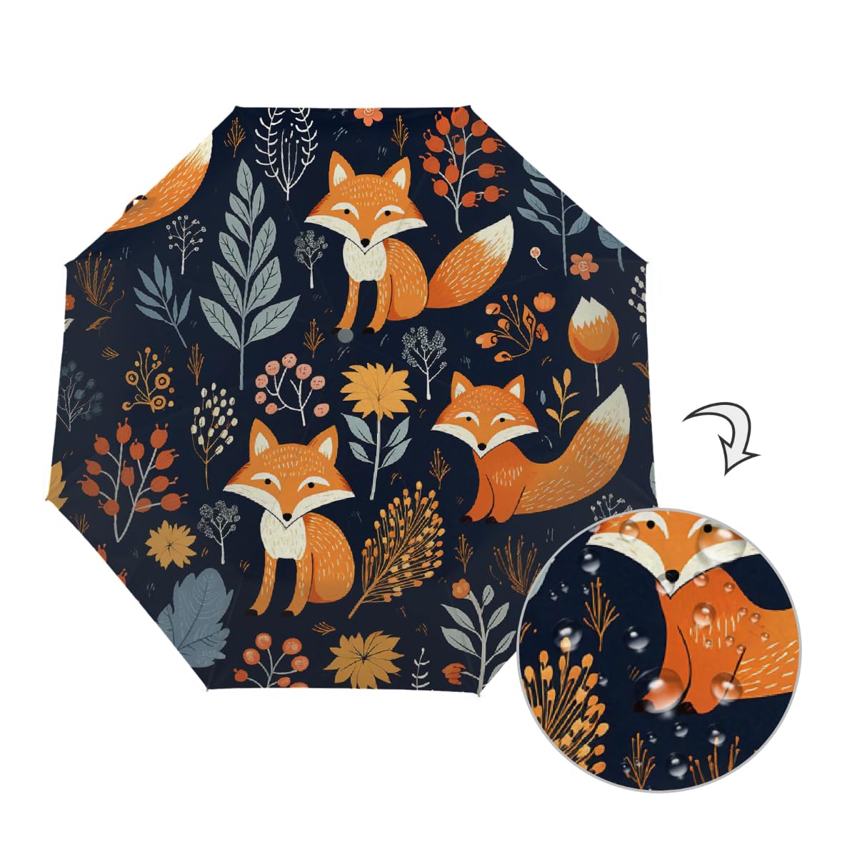 Art Forest Fox - Ombrello pieghevole da viaggio con foglie autunnali, compatto, antivento, impermeabile, con protezione UV, rivestimento nero, leggero, 8 costine, portatile, per pioggia e sole