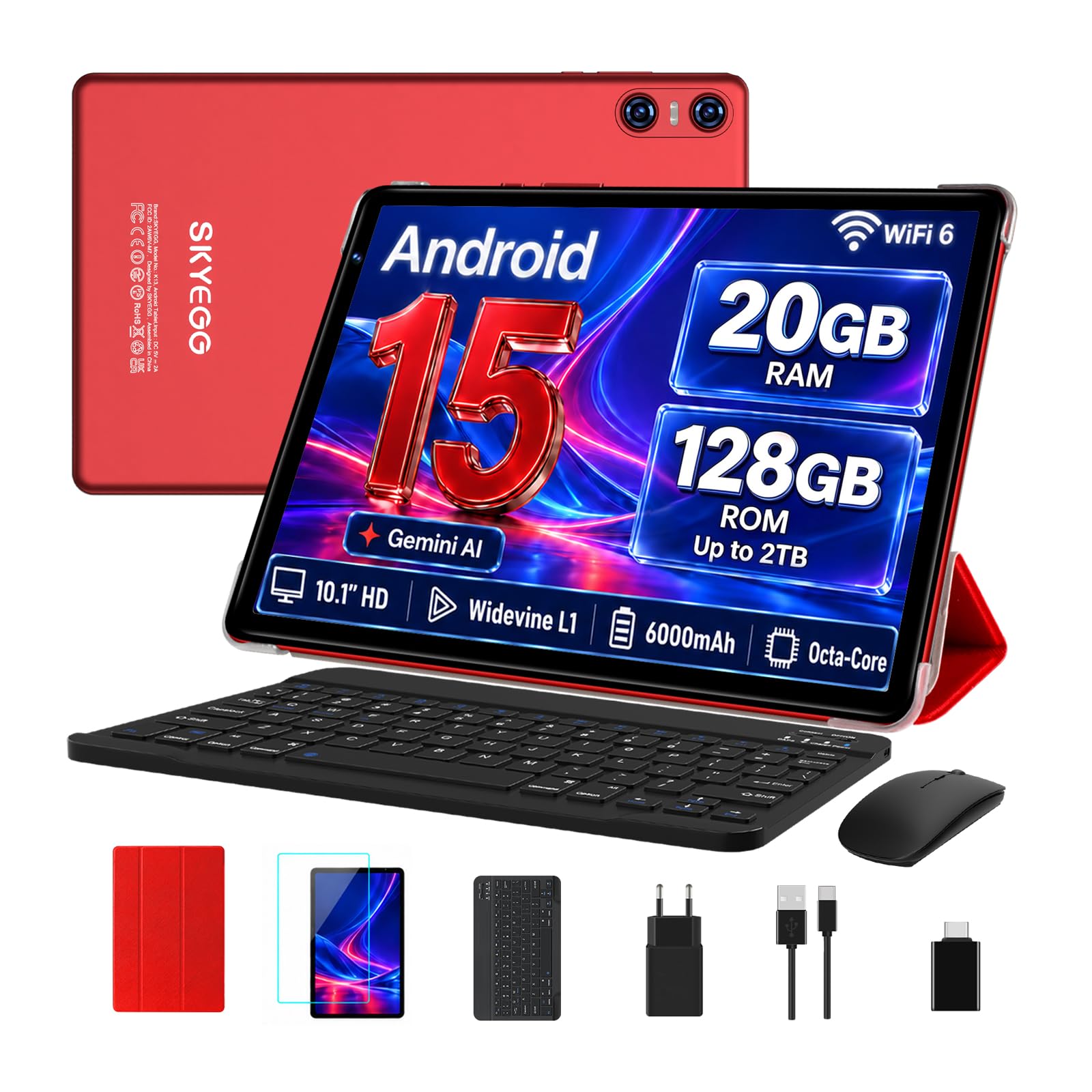 SKYEGG Android 14 Tablet 10 Zoll mit 20 GB RAM+128 GB ROM (Erweiterbar auf 1 TB), 5G WiFi 6,GPS, Widevine L1, Octa-Core, 5MP + 8MP, BT 5.0,1280 x 800, 6000mAh, Tablet mit Tastatur + Maus, Pflaumenrot
