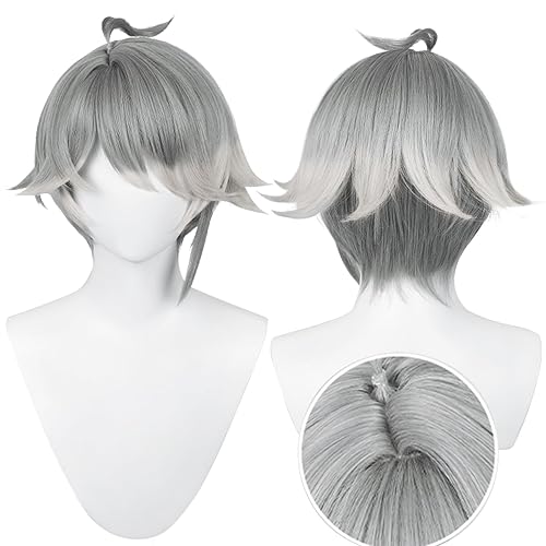 Peluca de cosplay anime gris y blanco degradado de pelo corto rizado Halloween, Navidad, moda diaria, anime y exposición de juegos