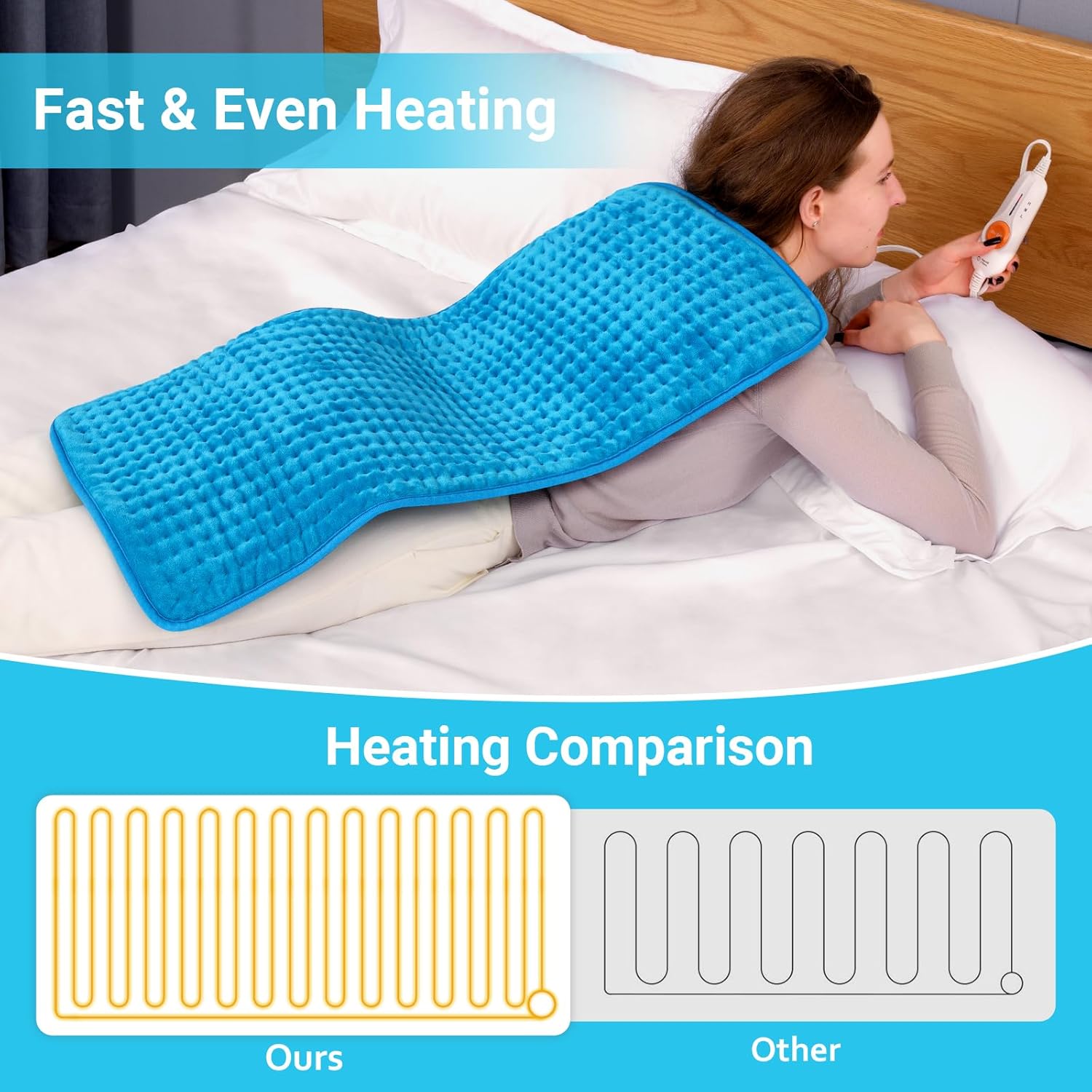 Boileau Electric Heating Pad for Back Pain and Period Cramps Relief, 17"x33" Extra Large XXXL, 3 Heating Levels Heat Pad with 2-Hour Auto Shut Off, Gifts for Women and Mom, Blue - Image 5