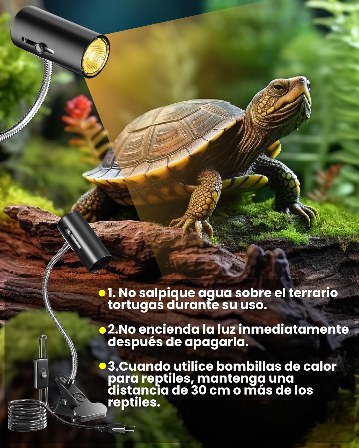 Terrario Reptiles Lámpara para Tortuga de Calor Lámpara para Terrario 50W UVA/UVB con Clip Ajustable E27 Portalámpara Base para Tortuga, Lagartos, Araña, Camaleon, Anfibios (2 Bombillas)