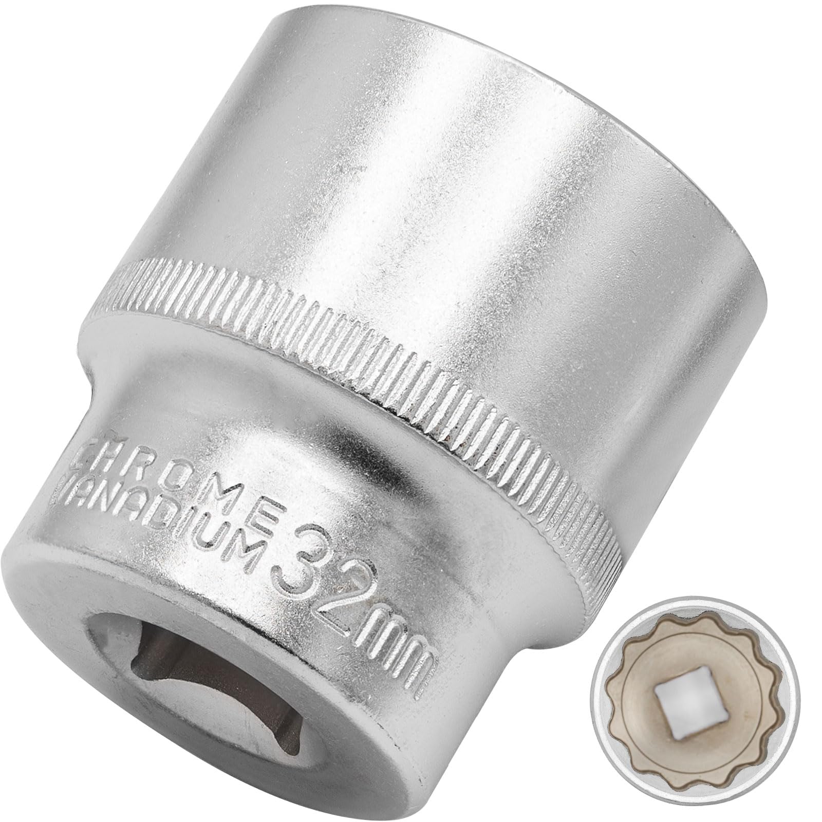 DAKCOS 32mm Spline Socket 1/2" Drive Multi-Tooth 12 Ponit Socket Spanner,CR-V, Mat Chrome Finis