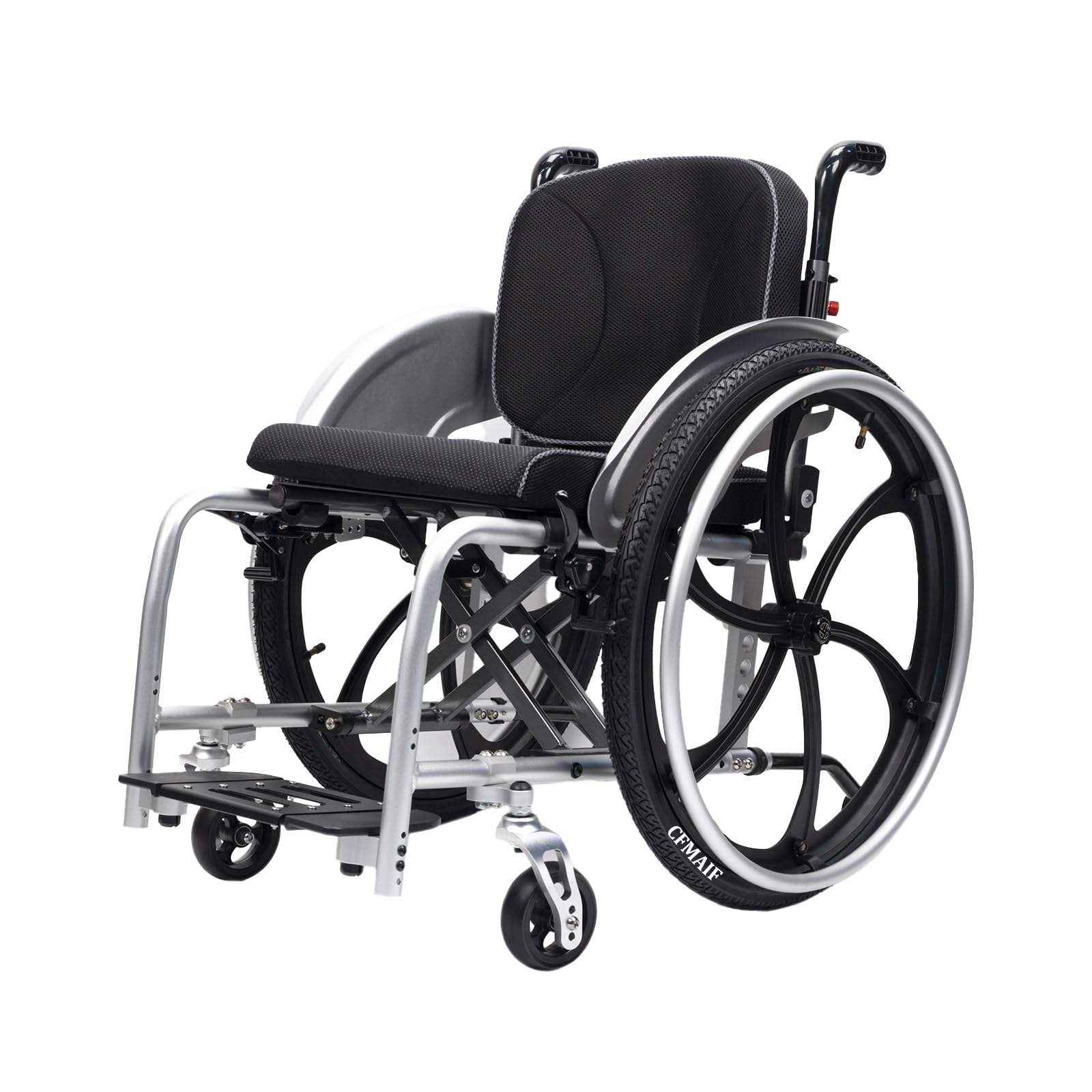 Lekki składany wózek inwalidzki, outdoorowy fotel sportowy ze stopu aluminium, samobieżny, z hamulcami ręcznymi i kółkami zapobiegającymi przewróceniu, tylko 12,5 kg (srebrny, 43 cm)