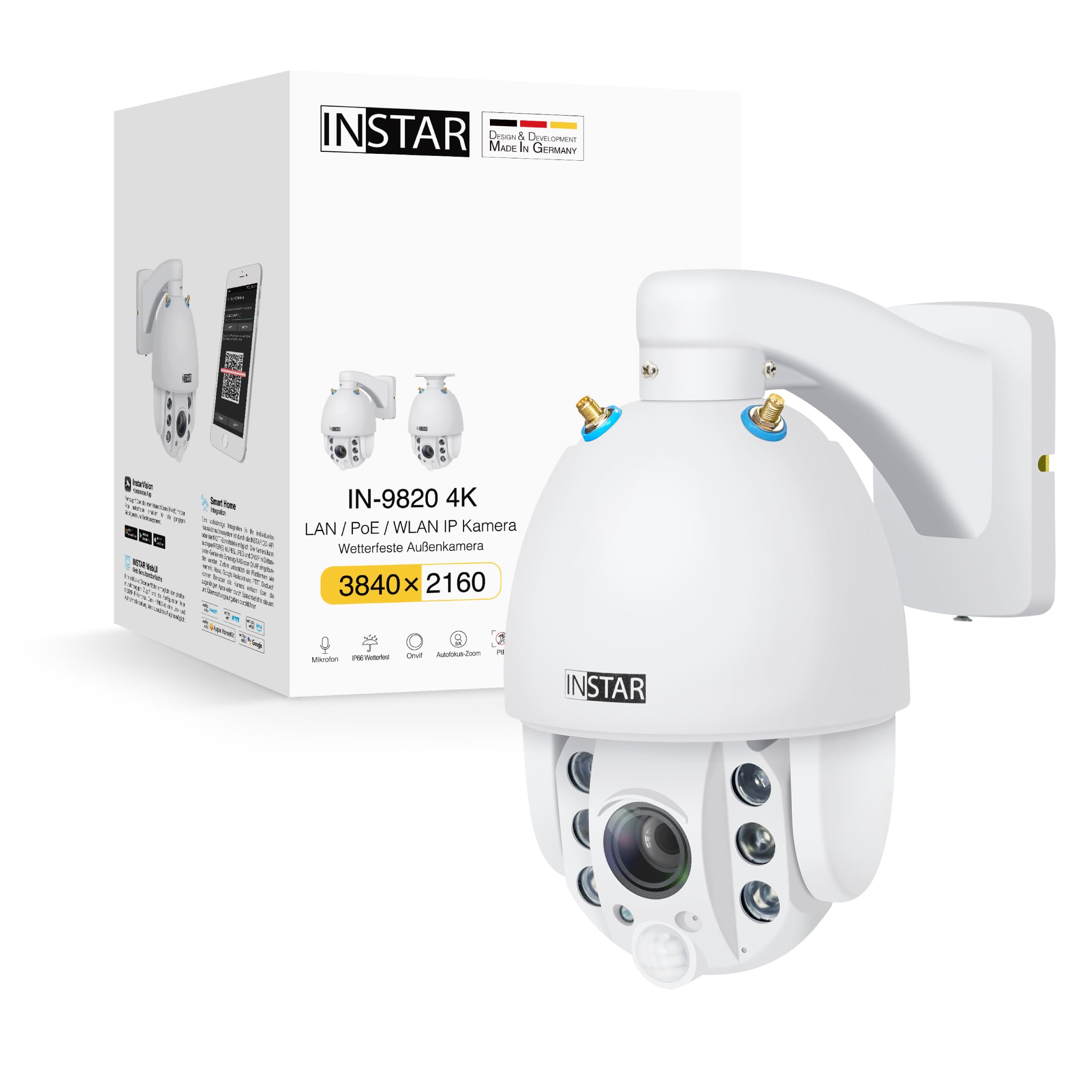 INSTAR IN-9820 4K Überwachungskamera Außen weiß, WLAN/LAN/PoE, PTZ 5X Zoom, HomeKit Kamera, intelligente Personenerkennung, Nachtsicht, 2-Wege-Audio, PIR, WPA3, NDAA/TAA