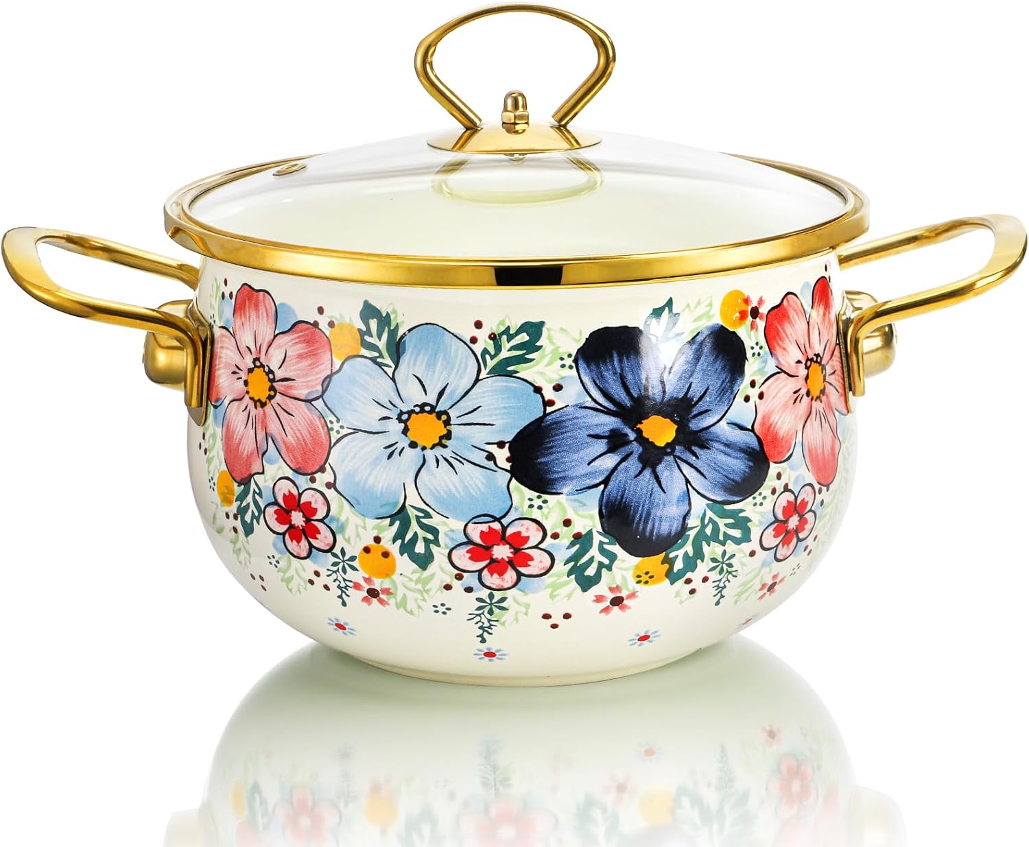 SOUJOY 3 Quart Enamel Cooking Pot, Heavy-Duty and Non-Stick Soup Pot with Visible Lid for Stew, Simmer, Boiling, Braising, Safe for Induction Cookers, Gas Stove, Vintage Floral Pattern