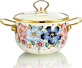 SOUJOY 3 Quart Enamel Cooking Pot, Heavy-Duty and Non-Stick Soup Pot with Visible Lid for Stew, Simmer, Boiling, Braising, Safe for Induction Cookers, Gas Stove, Vintage Floral Pattern