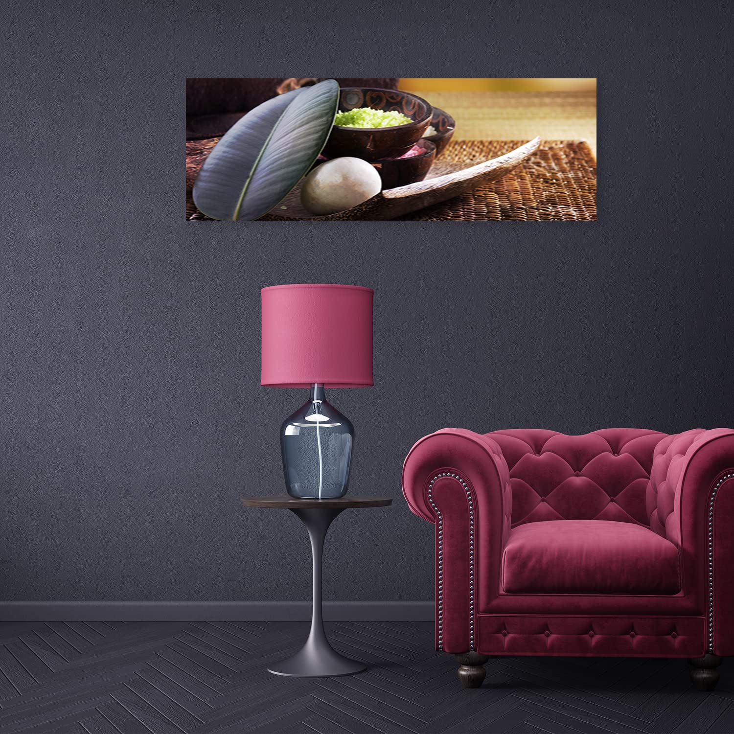 Feeby Vlies Leinwandbild Badesalz Entspannung Großes Blatt 150x50 cm Wanddeko Design Kunstdruck Zimmerdeko Bilderwand Stein Spa Innerer Frieden Braun