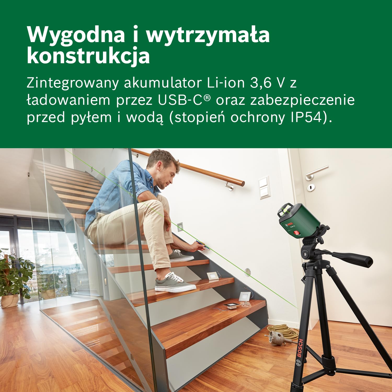 Bosch Laser Liniowy PLL360‑15G (zielone linie 360°, IP54, Li‑ion, USB‑C, statyw TT 120, uchwyt MM 3)