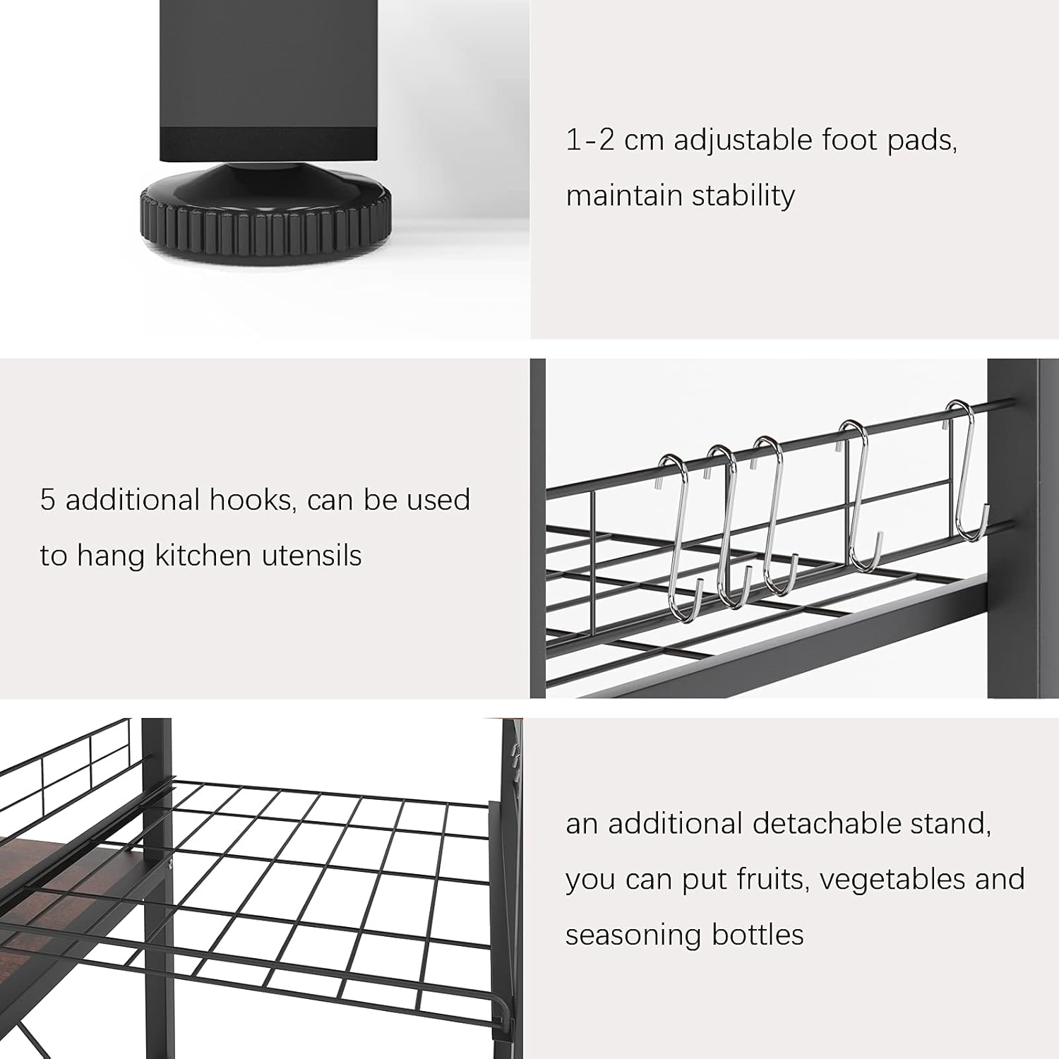 DlandHome Kitchen Bakers Rack with Storage Stand for Kitchen, Industrial Kitchen Baker's Rack, 35.4 inches Microwave Oven Stand, 3-Tier+4-Tier Utility Storage Shelf with Hooks and Basket Rustic Brown