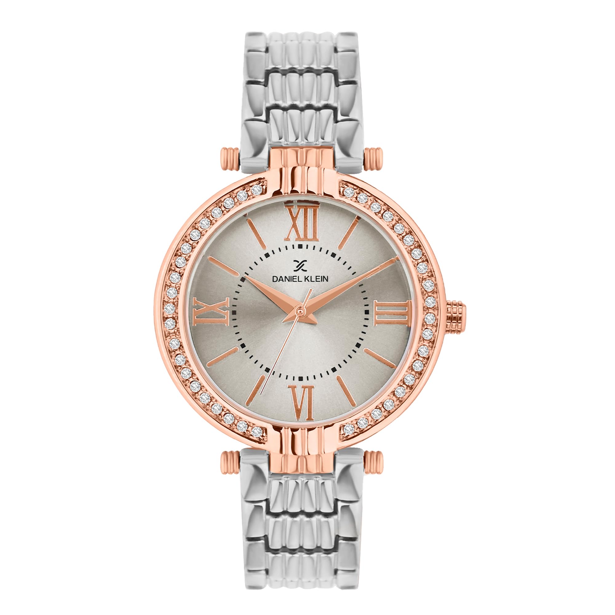Daniel Klein Analog Silver Round Dial Silver Metal Strap Stone-Studded