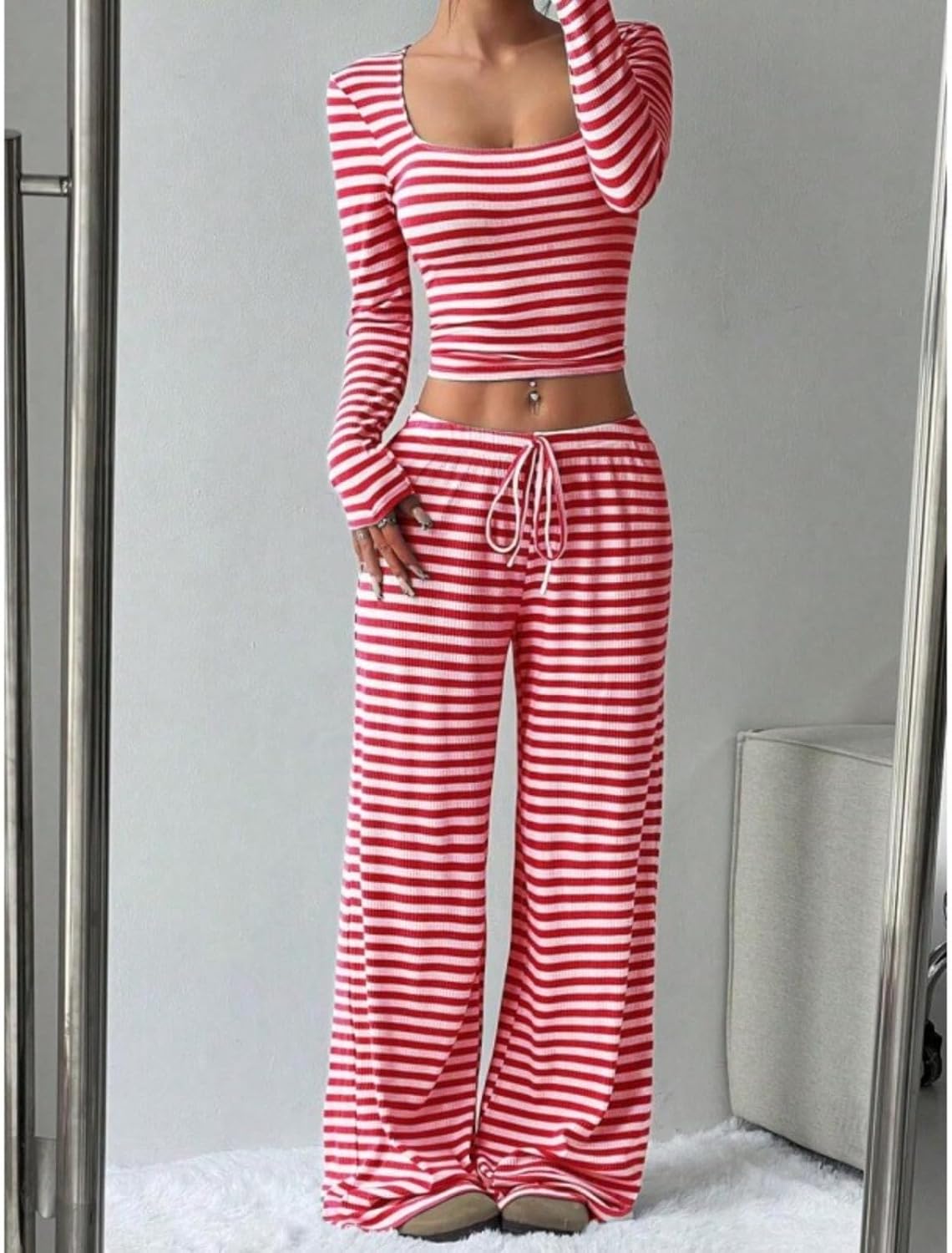 Women's Fall Striped High Waist Wide Leg Pants Outfit
