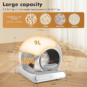 Self Cleaning Cat Litter Tray, 65L Extra Large Capacity Automatic Cat Litter Tray with Safety Protection/APP Control/Lower Entry/Odor Removal Anti-pinch Smart Robot Litter Box for Multiple Cats
