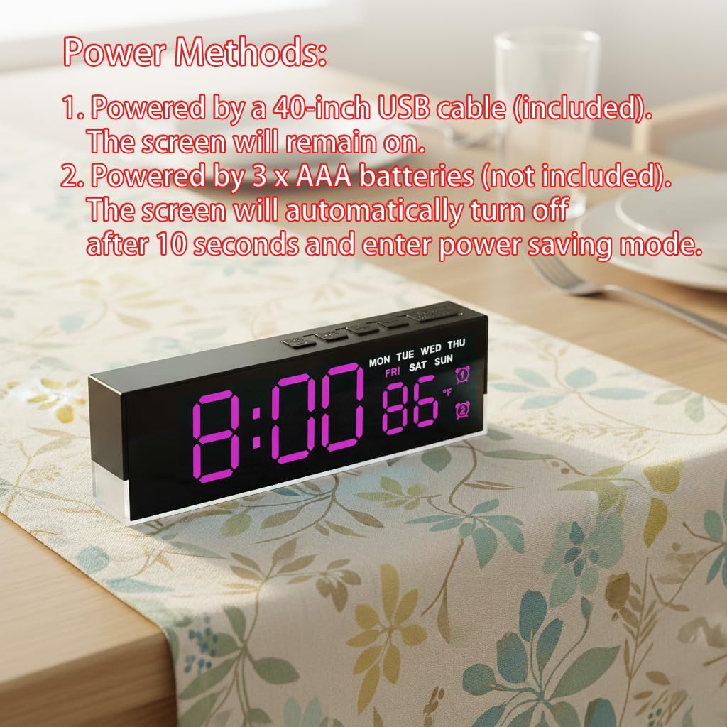 45MinST 7-Inch LED Digital Alarm Clock with Bottom Glow Light｜Displays Time, Date, Day, Temperature ｜Dual Alarms, DST,Auto/Manual 3-Level Brightness,Battery or USB Powered Desk Clock,Rose Red