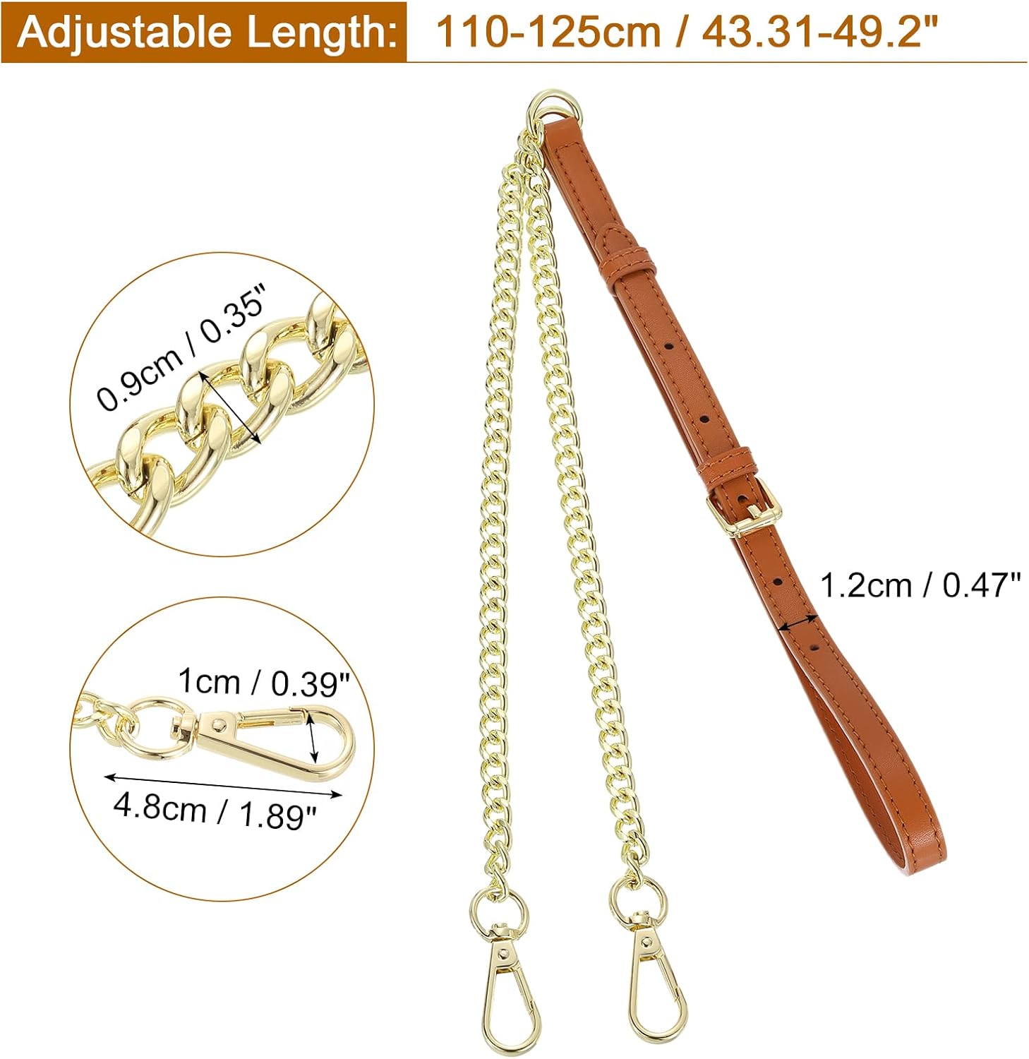 uxcell Adjustable Leather Chain Straps, 49" Genuine Leather Purse Chain Strap Replacement Handles for Women Crossbody Bag Handbag Shoulder Replacement Straps (Light Brown, Gold Chain) - Image 2