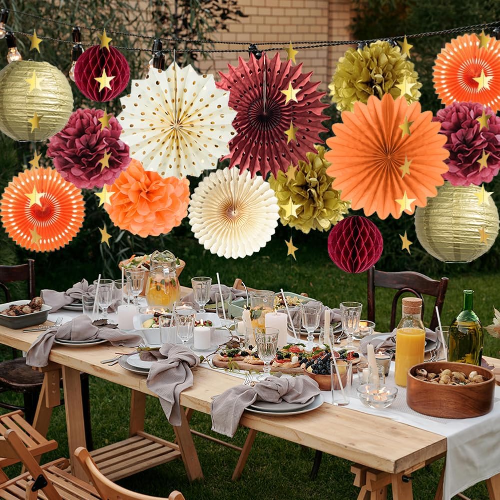 Fall Party Decorations Burgundy Orange Fall Birthday Party Decorations Paper Pom Poms Fans Paper Lanterns Gold Satr Garland Banner for Fall Autumn Harvest Birthday Thanksgiving Party Supplies