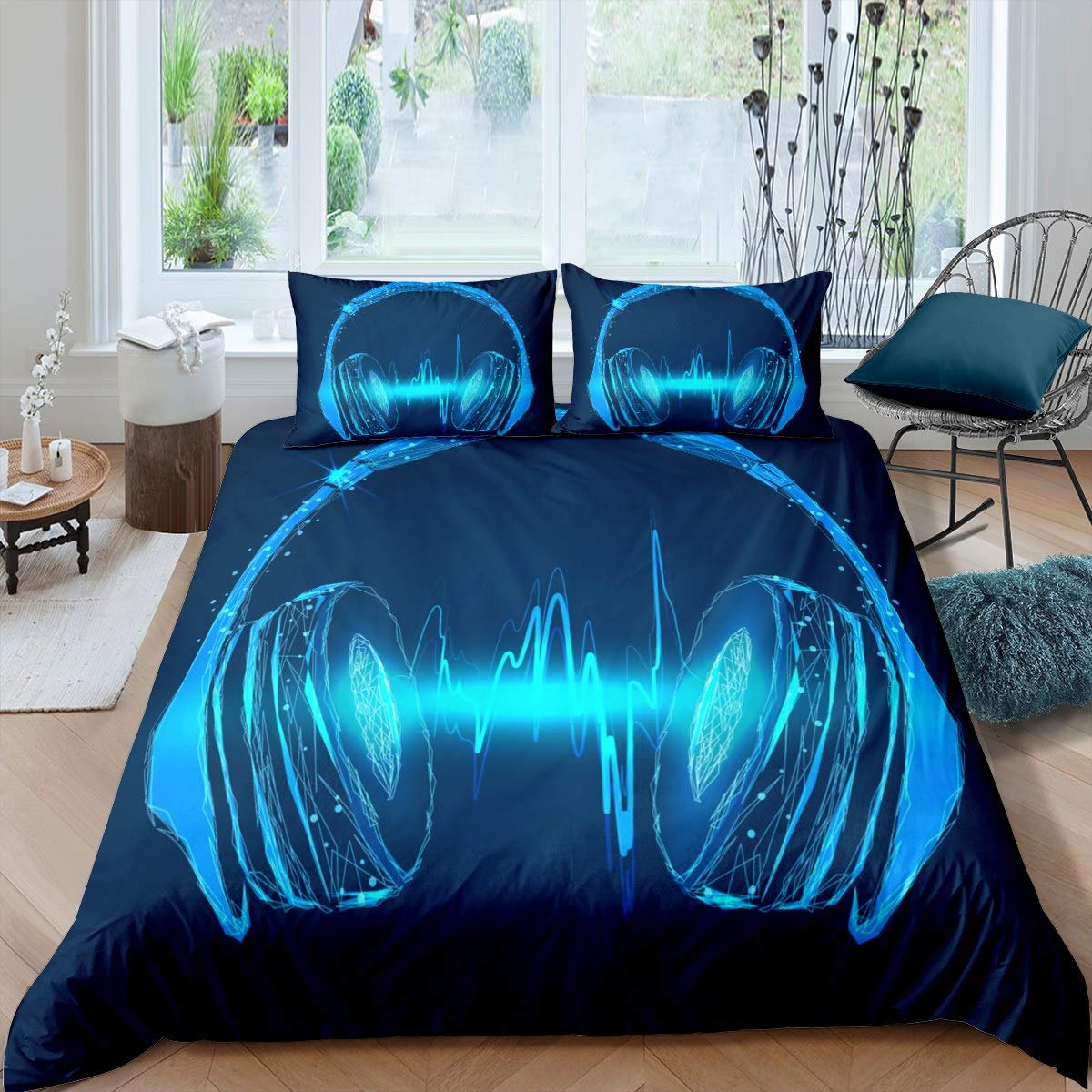 Loussiesd Boys Headset Duvet Cover for Kids Girls Teens Bedroom Decor Rock Music Themed Bedding Set Chic Blue Headphone Comforter Cover Musical Pattern Bedspread Cover Single Size With 1 Pillow Case