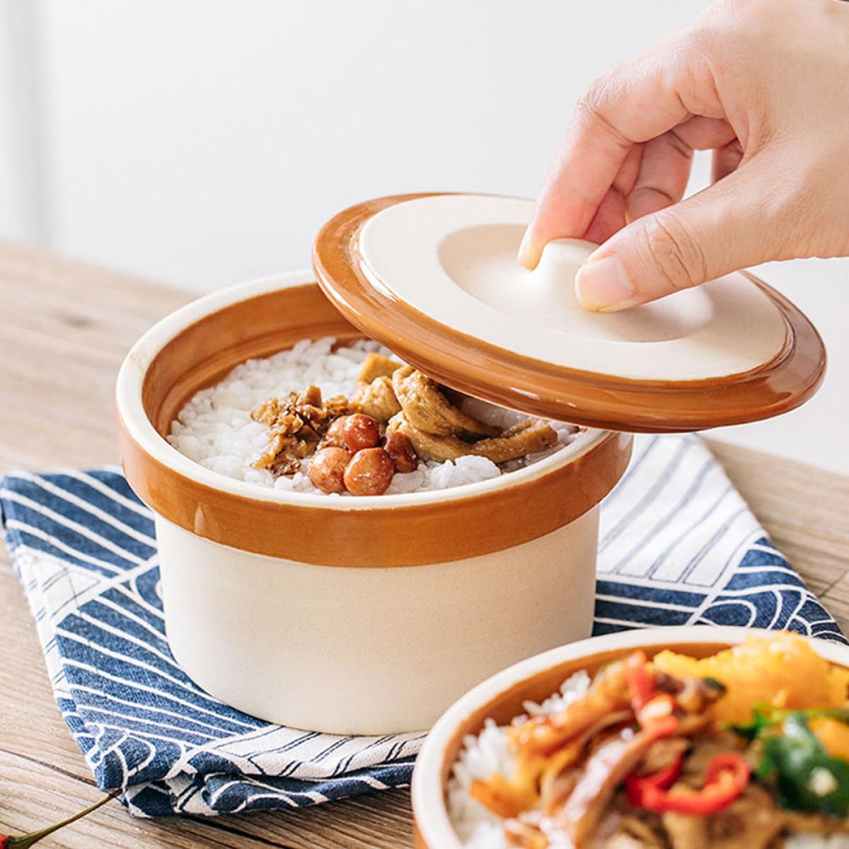 MAGICLULU Bol à Riz en Céramique avec Couvercle Beige, Bol à Ragoût Épais et Rond, Vaisselle Cuisine Pratique pour Maison et Restaurant