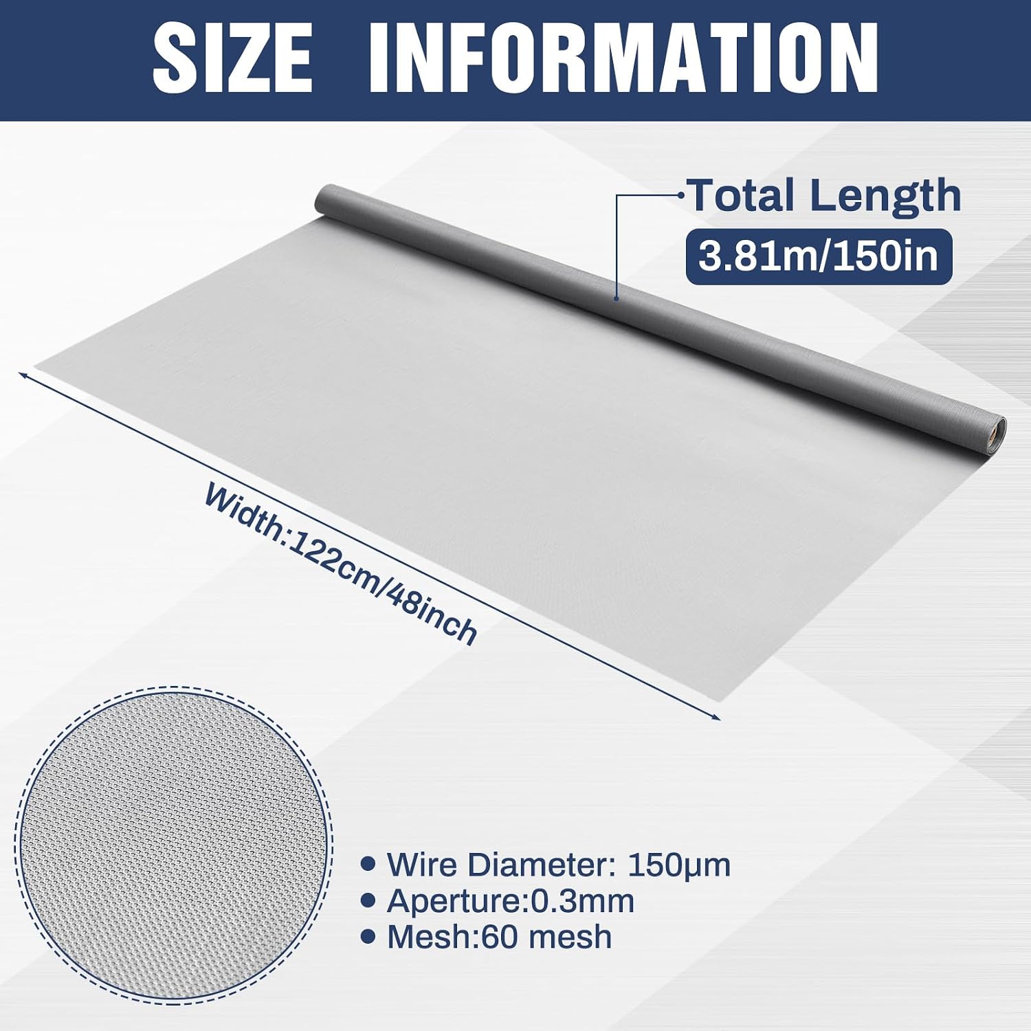 Gisafai 304 Stainless Steel Mesh Screen 60Mesh 48" x 150'' Metal Mesh Screen Roll Woven Wire Screens No Rust Woven Wires Meshes for Window Screens, Door, Air Vents, Filter, Cage, Garden, Patio, Pets