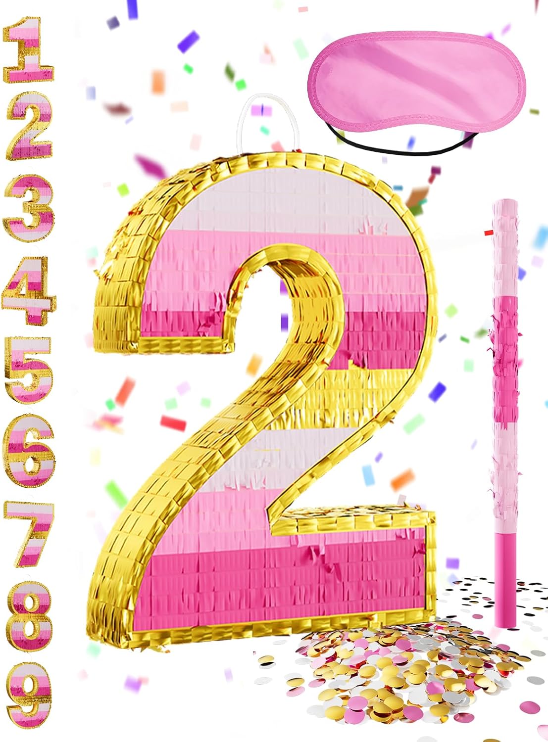 Number 7 Piñata with Stick, Blindfold & Confetti-Pink Piñata for Birthday Parties, Complete Party Game Set for Kids Girls-Gradient Pink Birthday Decor with Fillable Design(Small, 16.5 x 11.5 x 3 In)