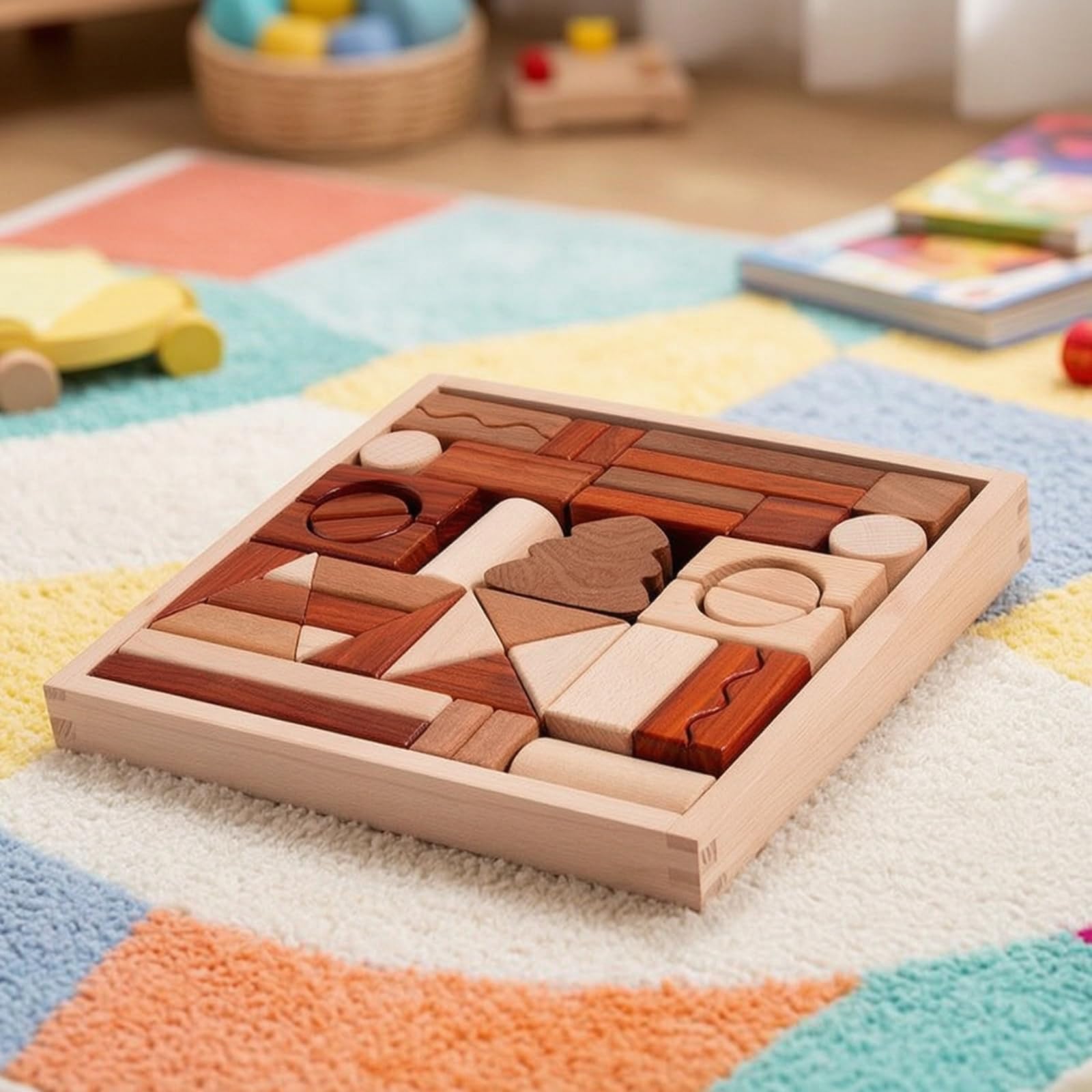Qianly 43 Pezzi Blocchi di Legno con Vassoio Naturale Blocchi di Costruzione in Legno Montessoriano Costruzioni per Scuola Scuola Dell'infanzia, Blocchi Di Legno Naturale