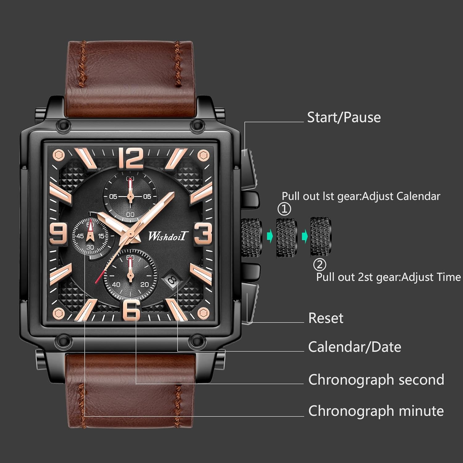 ZUNPAI Square Watches for Men Chronograph Quartz Analog, Mens Sport Watch with Leather Strap Waterproof Calendar for Men - Image 2