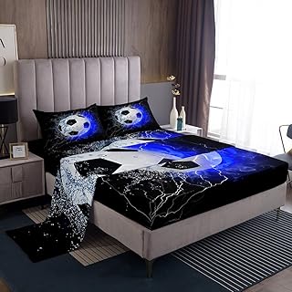 Castle Fairy Blue Flame Soccer Bed Sheet Set for Kids Boys Twin Size,Sports Fire Soccer Ball Water Splashing Art Design Deep Pockets Flat Sheet,Creative Blue Fire Sport Theme Bed Sheet Set 3 Piece