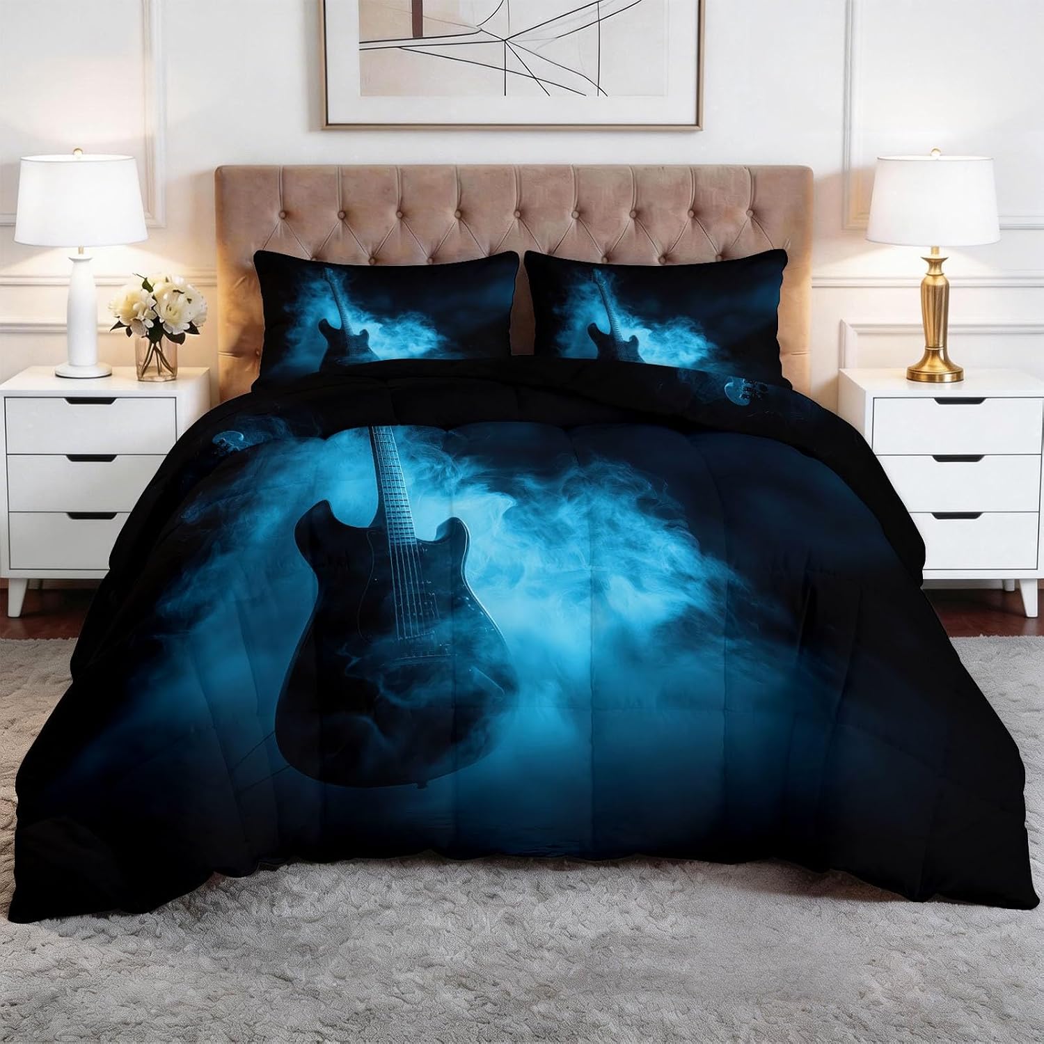 Fantasy Mist Music Guitar Stripes Twin Summer Comforter Set 66 x 90 in, Abstract Art Lightweight Duvet - Skin-Friendly Breathable Quilt Printed Bedding for Boys Girls, Easy Care Soft All Season Quilt