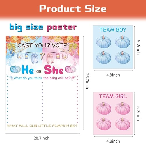 Miniatura 3 de Póster de revelación de género de calabaza pequeña, póster de revelación de género para bebé, kit de juegos de fiesta con 40 calcomanías de calabaza