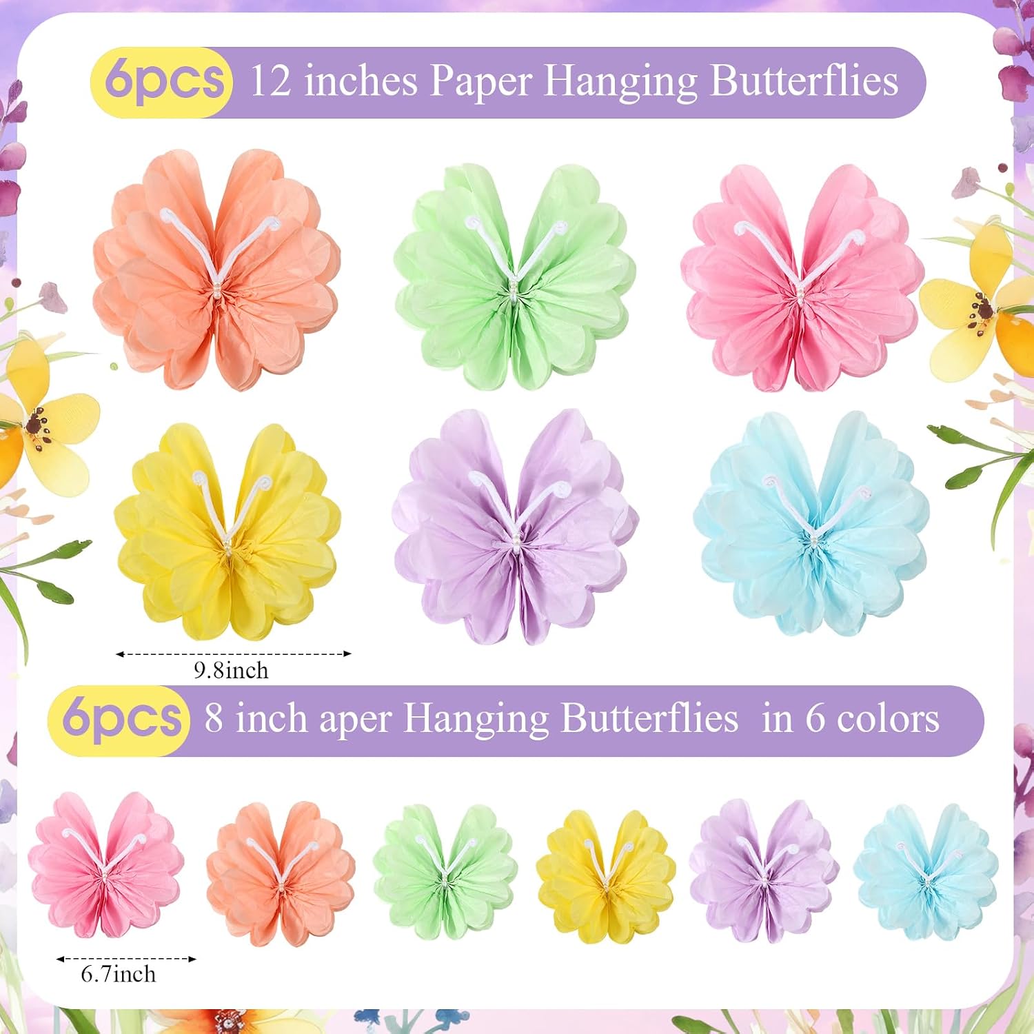 AmazingSpark 12 Pcs Butterfly Tissue Paper Pom Poms 3D Butterfly Birthday Party Decorations 3D Paper Hanging Butterflies for Women Baby Shower Wedding Wall Decor Fairy Tea Party Decorations