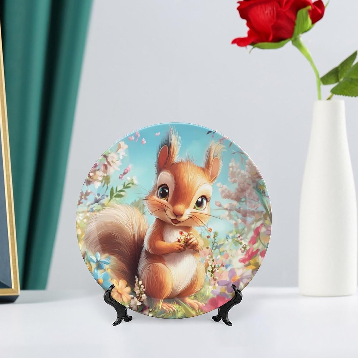 Cute Squirrel With Flowers Bone China Decorative Plate with Stand Home Dessert Plates Gift for Men Women 7inch