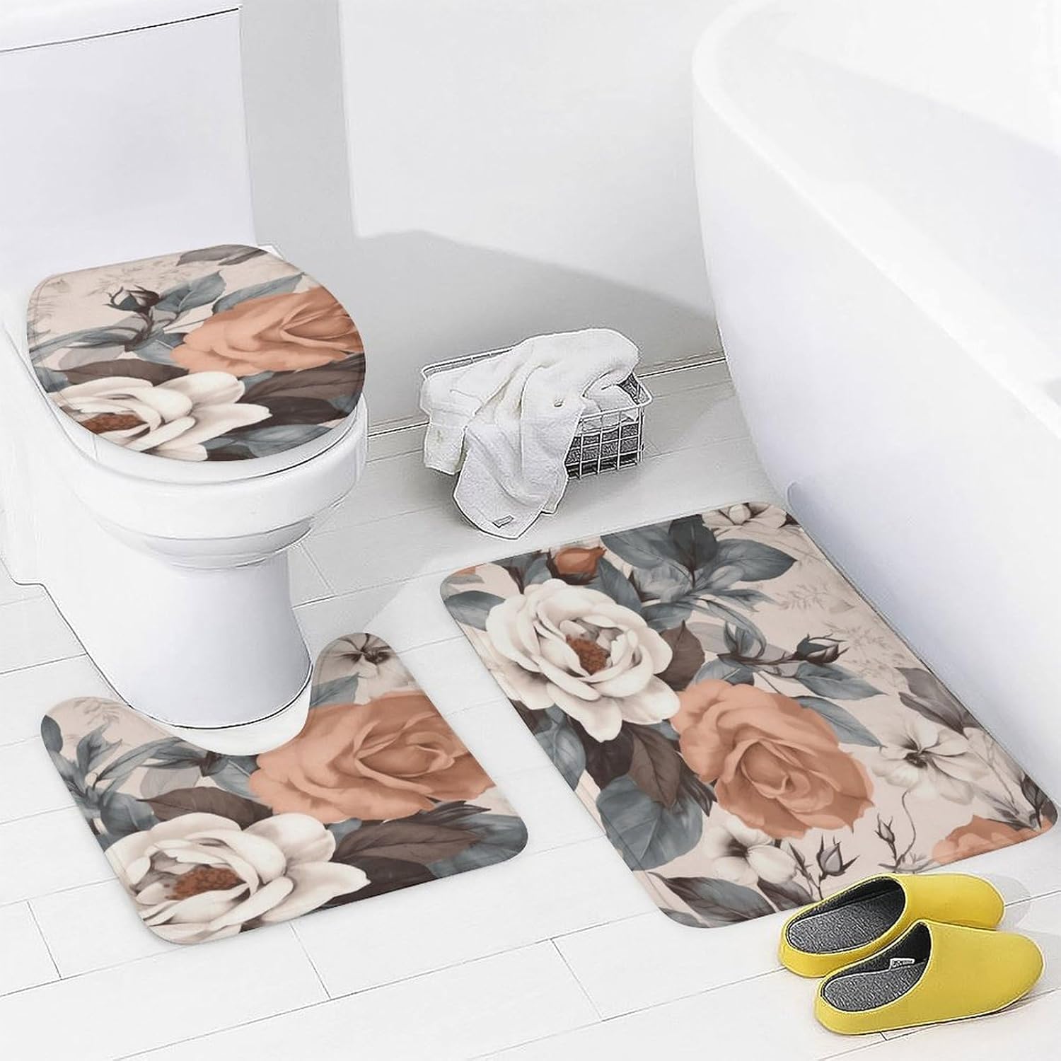 Flowers 4Pcs Shower Curtain Set with Non-Slip Rugs, Toilet Lid Cover and Bath Mat,Bathroom Set Decor Accessories,Curtain Set with 12 Hooks, 72 X 72 Inch