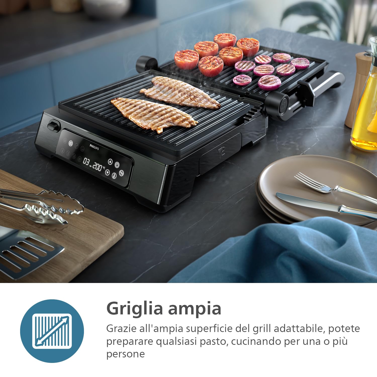 Philips Contact Grill - Sensore di Temperatura e 8 Funzioni Preimpostate grill con griglia ampia. Controllo Digitale della Temperatura. Facile da Pulire (HD6307/70)