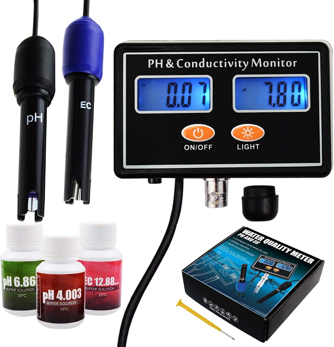 Medidor de conductividad de pH/EC con probador de calidad del agua ATC 0,0-14,0pH/0~19,99 ms/cm acuario, herramienta hidropónica