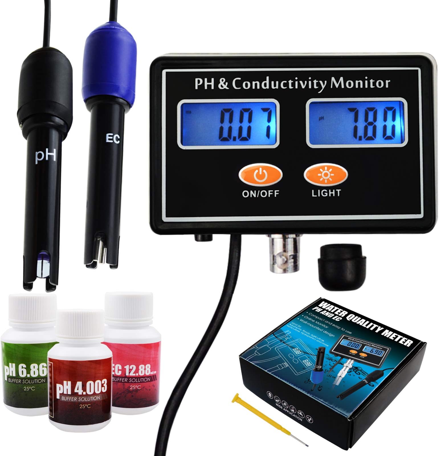 pH/EC Conductivity Meter with ATC Water Quality Tester 0.0-14.0pH / 0~19.99ms/cm Aquarium, Hydroponics Tool