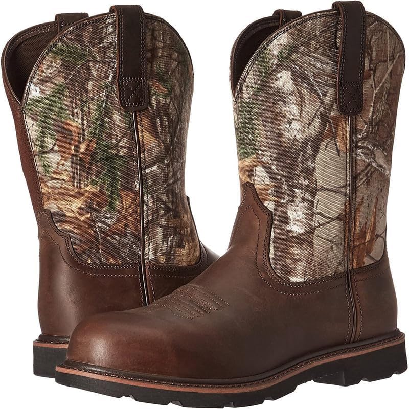 Mens Western Boots Mid Calf Boots Casual Chunky Heel Wide Country Boot Brown Cowboy Boots Embroidered Round Toe Dress Boots