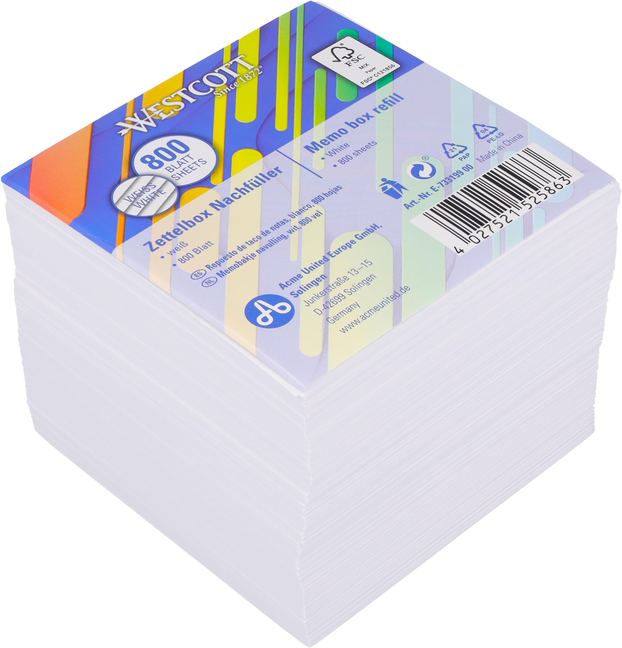 Westcott Note Block White 800 Sheets Refill Pack | memo Block with 9 x 9 cm Sheets| Refill Set for Dispenser Box | FSC-Certified Paper 80g/mยฒ | E-733199 00