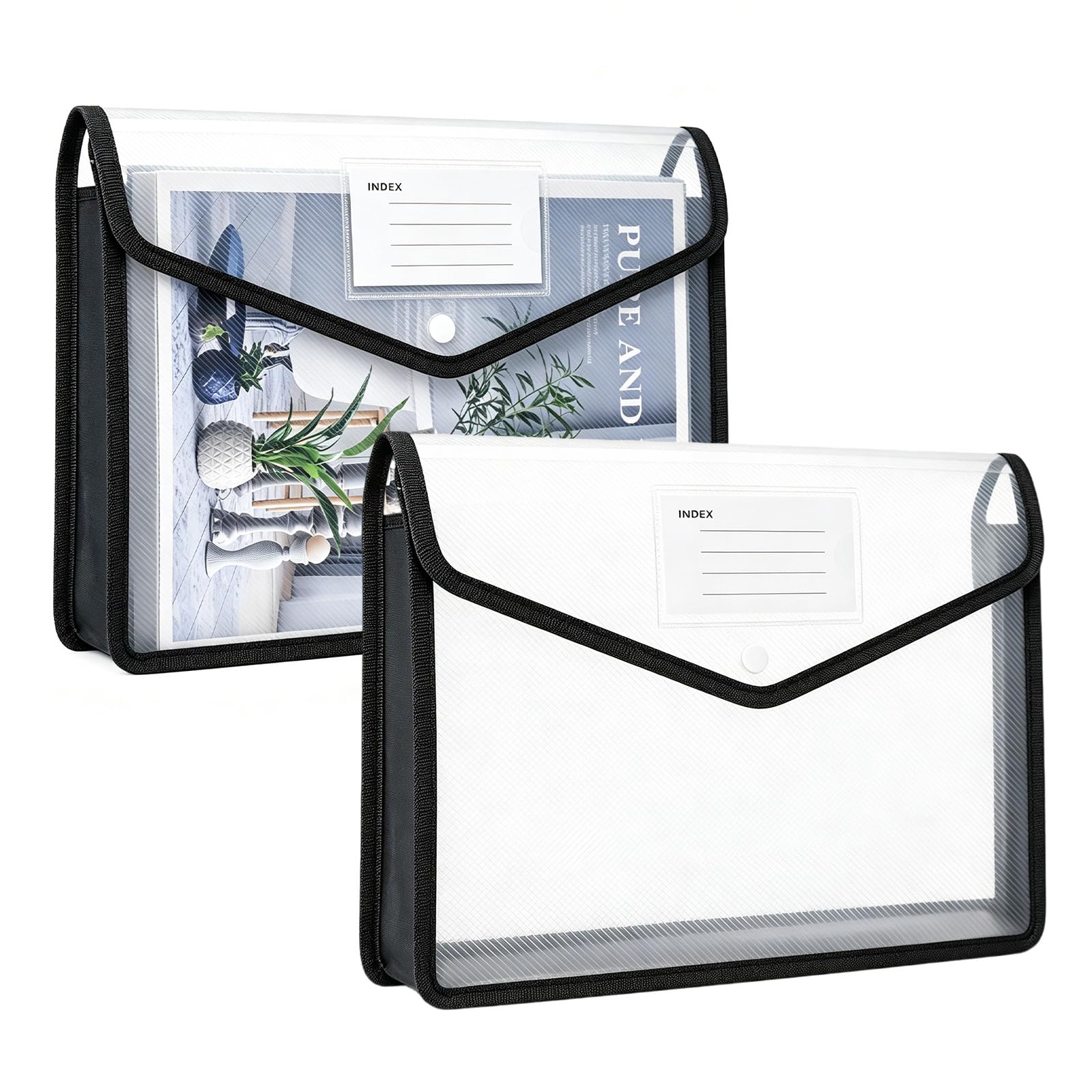 Elezeal A4 Plastic Wallets, 2 Pcs Document Wallet Expanding File Folders, Thickened Bill Receipt Envelope Pockets with Button Closure, Transparent File Ograniser for School Office Home(33×25×6cm)