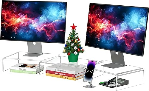 X-cosrack Soporte elevador de monitor de acrílico transparente, 3 estantes ajustables con alfombrilla antideslizante, organizador de escritorio