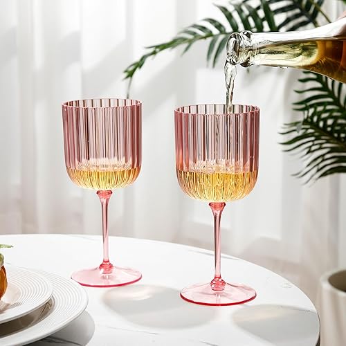 Miniatura 5 de Paquete de 12 copas de vino de plástico acanaladas con tallo de 11 onzas, copas de vino desmontables, desechables, estilo vintage, para bodas,