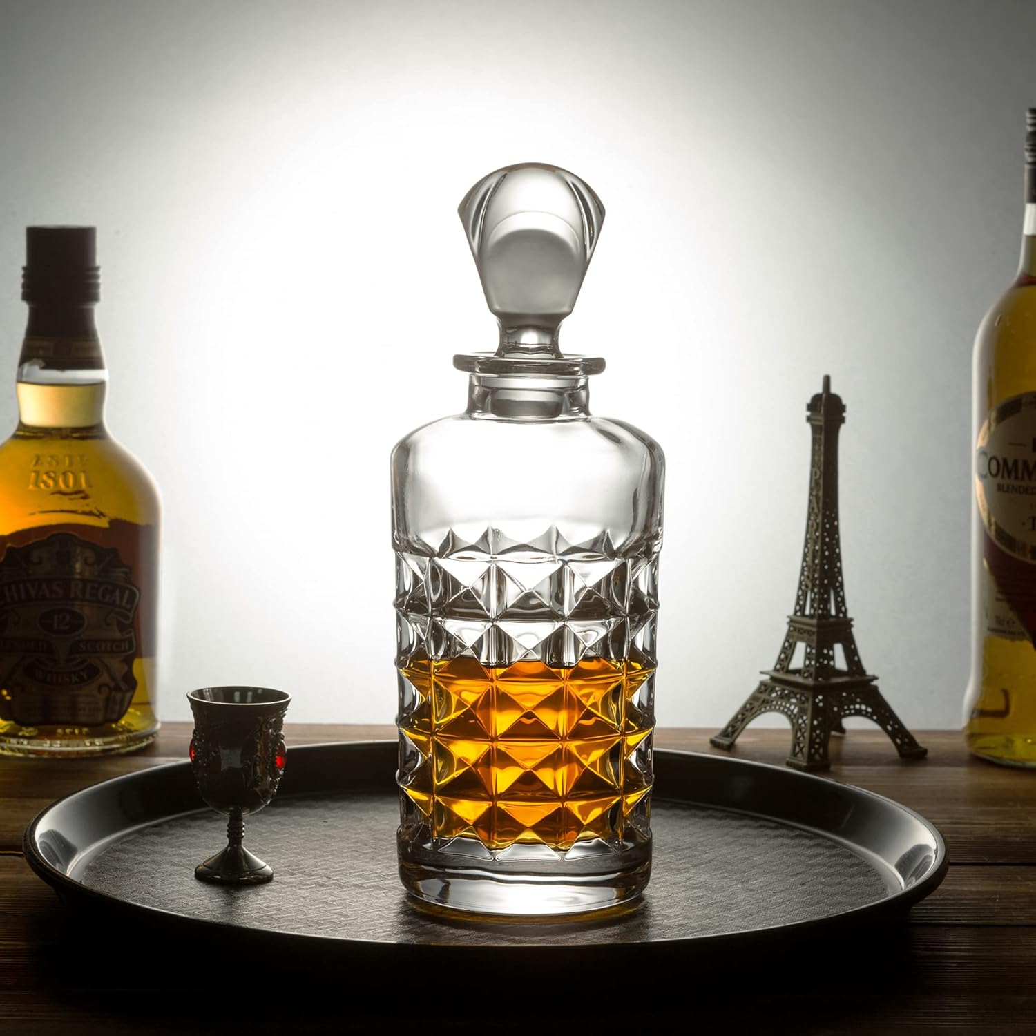 KANARS Whiskey Decanter and Liquor Glasses Set, Premium Round Decanter, 7-Pieces Diamond-Cutting Bar Glassware for Scotch Bourbon Rum Single Malt Congac, Men Gifts