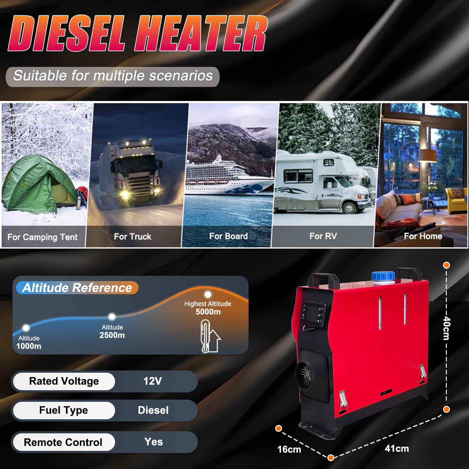 Triclicks 12V Diesel Lufterhitzer 5KW Luft Dieselheizung Standheizung Air Diesel Diesel für Auto RV LKW Wohnmobil, Dieselheizung mit LCD-Display&Fernbedienung (Rot + Schwarz, Größe B)