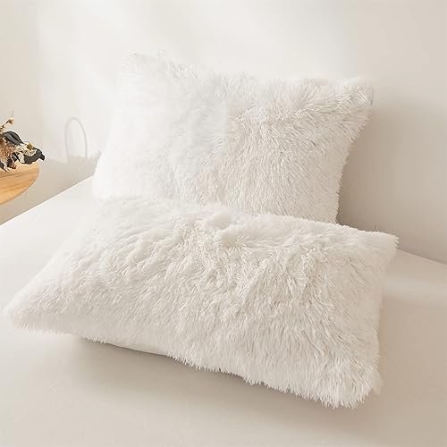 Miniatura 7 de Edredón blanco esponjoso tamaño Queen con relleno, edredón de felpa de pelo sintético suave, 3 piezas (1 edredón esponjoso + 2 fundas de almohada