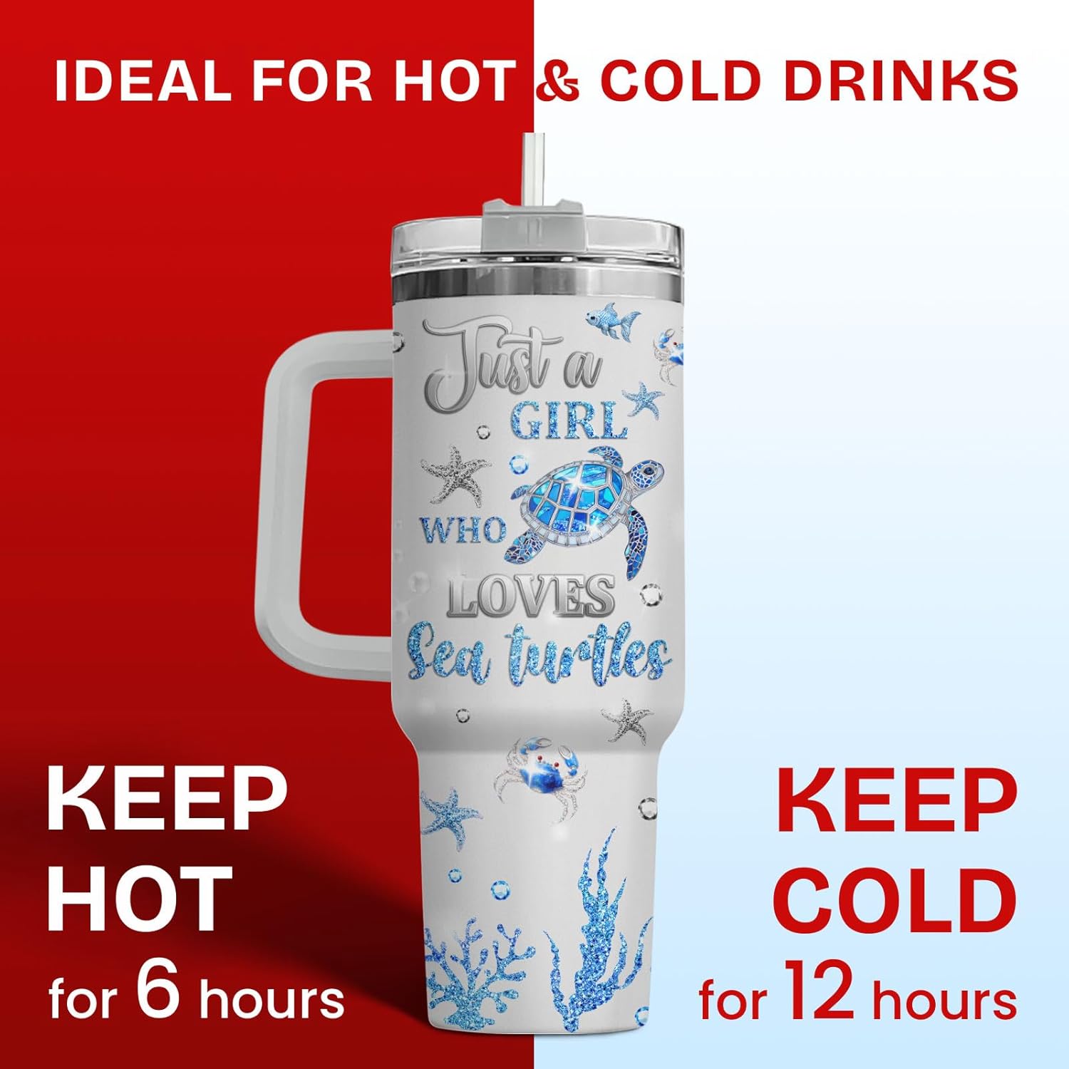 34HD Cute Tutle Tumbler 40oz with Handle and Straw, Just a Girl Who Loves Sea Turtles, Cute Blue Sea Ocean Design Insulated Stainless Steel Travel Mug, Birthday Gifts for Women Girls & Marine Lovers - Image 5