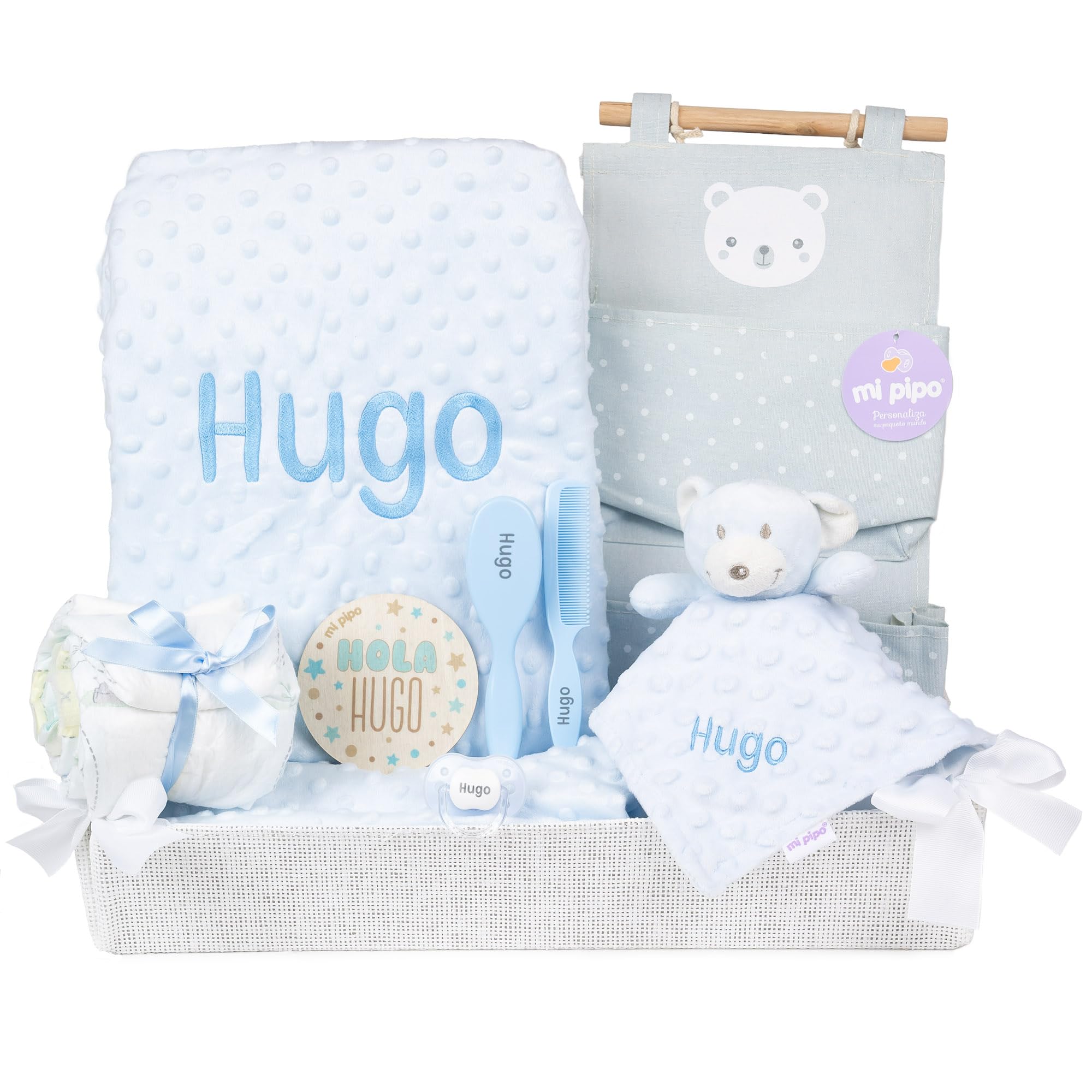Canastilla Bebe Personalizada Azul | Cesta Bebe Recien Nacido con Manta, Doudou, Chupete, Pañales y Accesorios | Set Regalo Nacimiento Completo, Nombre Bordado, Poliéster