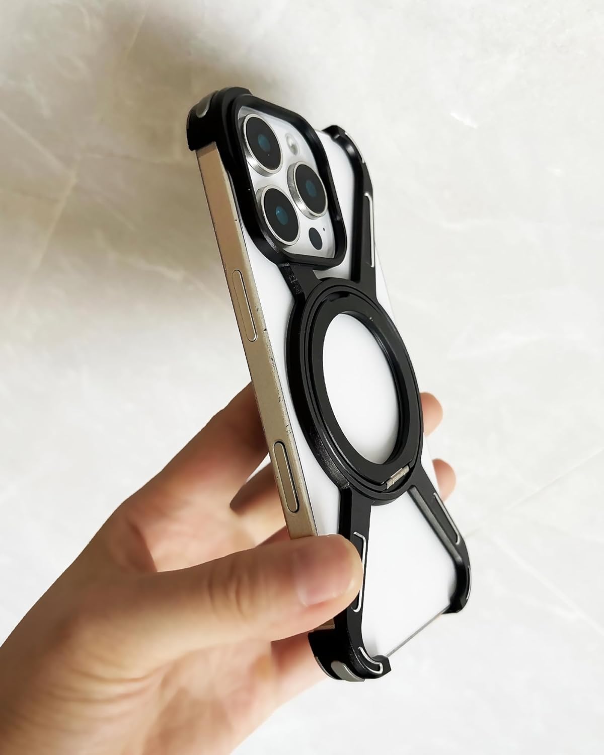 X-Shaped Zinc Alloy Phone Case for iPhone 16 Pro Max with Rotatable Magnetic Ring Stand, Military-Grade Shockproof, Better Heat Dissipation & Skin-Friendly Feel, Compatible with MagSafe, Black