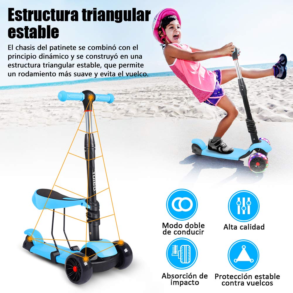 YOLEO Patinete para Niños 3-en-1, Scooter 3 Ruedas LED Parpadeantes, Scooter para Niños con Manillar Ajustable Asiento Extraíble de 2 a 8 años, Carga Máxima de 50 kg (Azul)