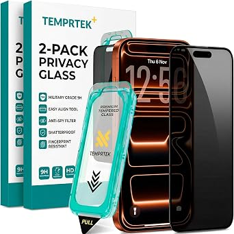TEMPRTEK+ 2-Pack iPhone 17 Pro Max Screen Protector Fits iPhone 16 Pro Max Screen Protector Privacy - 9H Military Grade Scratch Fingerprint Resistance, Anti-Glare Shatterproof Tempered Glass, Anti-Spy