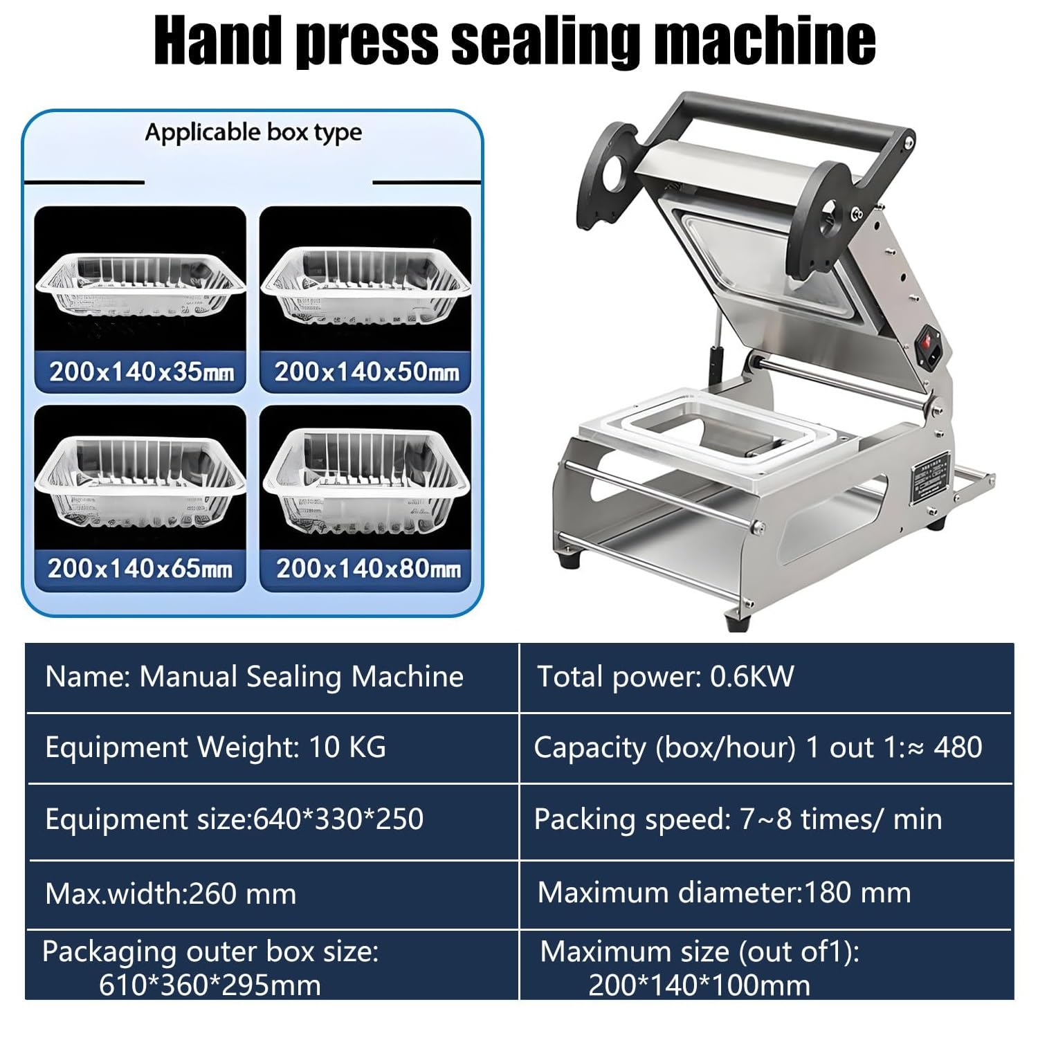 Macchina Imballaggio Alimentare Pressione Manuale, Sigillatrice Termica Semiautomatica For Vassoi Carne Commerciali, 7-8 Volte Al Minuto, Funzionamento Manuale(20 * 14cm/7.9 * 5.5in)