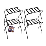 Lifemaster Metal Luggage Rack - Pack of 4 Foldable, Easy Assembly, Space Saving, and Stylish Steel Frame Guest Suitcase Stands with Nylon Straps - Black